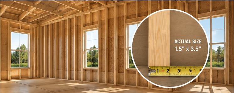 Interior room framed with 2x4 wall studs and a circular inset showing actual lumber size of 1.5 inches by 3.5 inches.