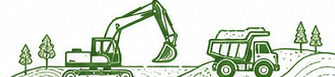 Green line drawing of excavation equipment and utility truck at a homesite