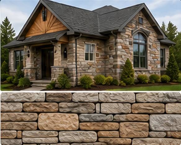 Stone siding option showing a home with stone siding and natural stone texture sample.