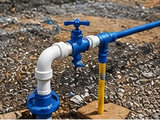 Temporary construction water connection with blue pipe and hydrant on gravel job site