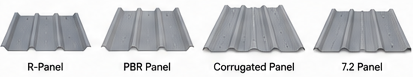 R-panel, PBR panel, corrugated panel, and 7.2 exposed fastener metal panel profile examples