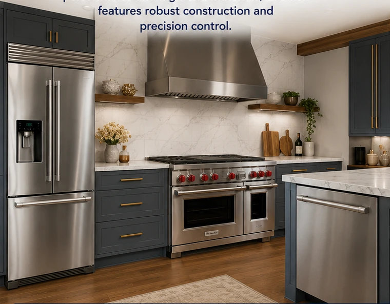 Premium new-construction kitchen with counter-depth French-door refrigerator, professional range, wall-mounted vent hood, dishwasher, dark cabinetry, marble backsplash, and wood flooring.