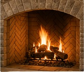 Large arched masonry fireplace opening with wood fire and brick firebox.
