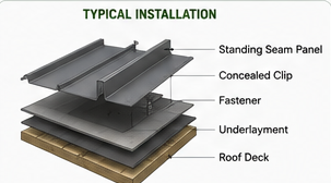Typical standing seam metal roof installation diagram showing standing seam panel, concealed clip, fastener, underlayment, and roof deck