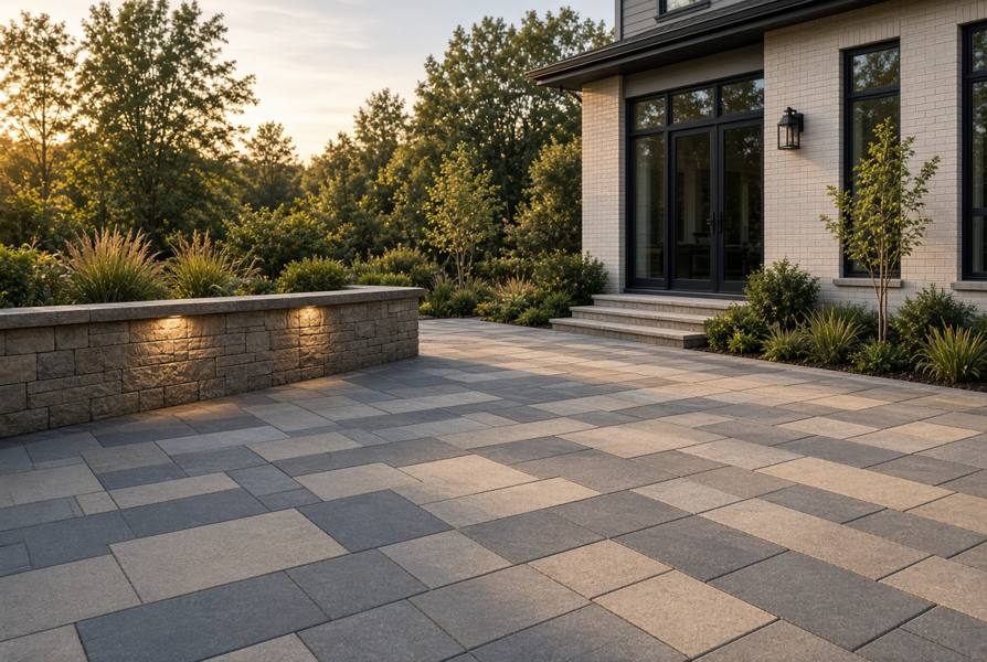 Large paver patio with a seat wall