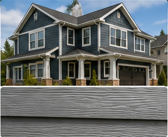 Hardie Board fiber cement siding option showing a gray sided home and gray fiber cement texture sample.