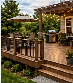 New home composite deck with stairs, railing, grill area and outdoor furniture
