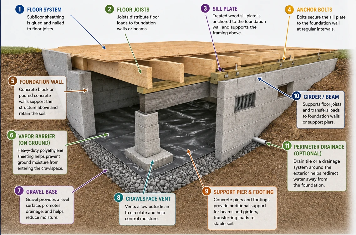 Annotated crawlspace foundation cutaway diagram showing the floor system, floor joists, sill plate, anchor bolts, foundation wall, vapor barrier, gravel base, crawlspace vent, support pier and footing, girder or beam, and perimeter drainage.