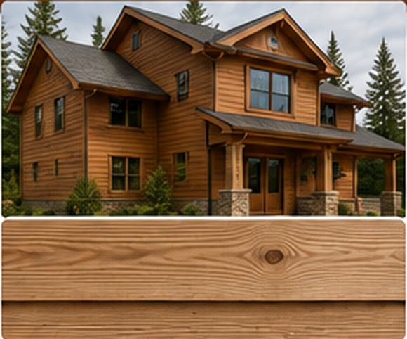 Wood siding option showing a rustic home with natural wood siding and a wood grain texture sample.