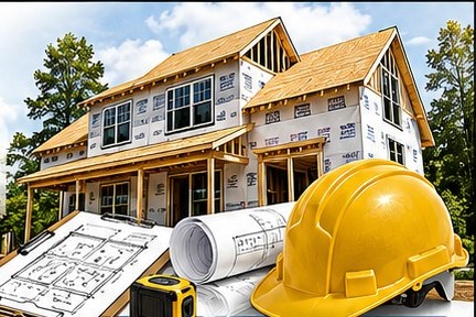 New home under construction with plans, hard hat, tape measure, and rolled blueprints