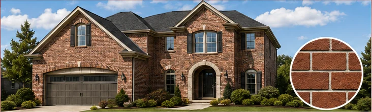 New home with brick siding and a circular close-up of red brick texture.