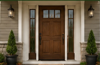 Better package fiberglass front entry door with wood-look finish, sidelights, exterior sconces, and potted shrubs.