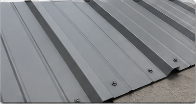 Close-up of gray exposed fastener metal roofing panels with visible screws