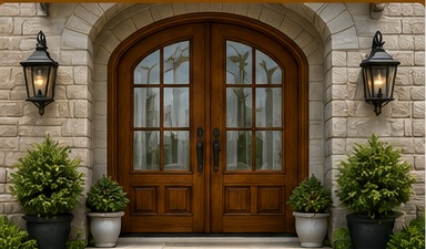 Custom arched wood double front door with glass panes, stone surround, exterior lanterns, and potted shrubs.