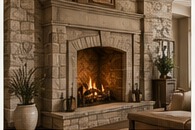 Natural stone masonry fireplace finish with warm wood fire.