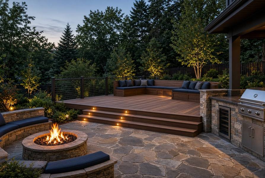 Multi-level deck with stone patio, fire pit, and outdoor kitchen
