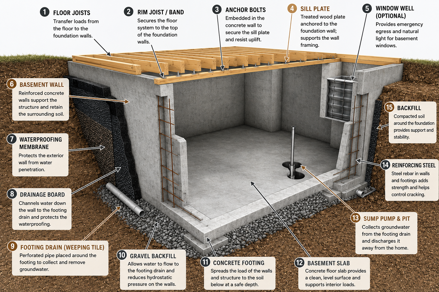 Cutaway diagram of basement foundation components showing floor joists, basement wall, waterproofing membrane, drainage board, footing drain, gravel backfill, concrete footing, basement slab, sump pump and pit, reinforcing steel, and backfill