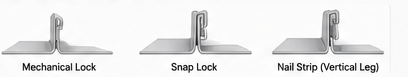 Mechanical lock, snap lock, and nail strip standing seam metal roof profile examples