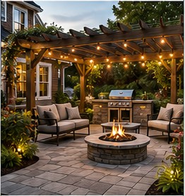 Backyard paver patio with pergola, grill station, fire pit and outdoor seating zones