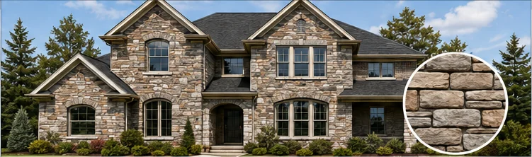 New home with natural stone siding and a circular close-up of stacked stone texture.