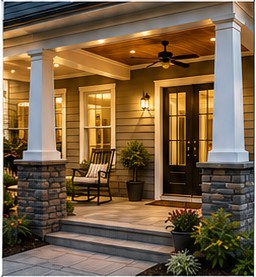 Covered front porch with columns, stone bases, ceiling fan and upgraded entry lighting