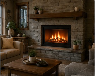 Cozy living room with a framed gas fireplace, stone surround, sofa, and warm built-in ambiance.