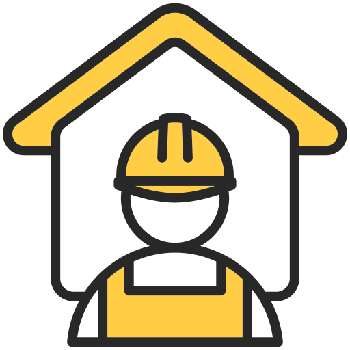 General contractor icon showing a contractor figure with hard hat inside a house outline