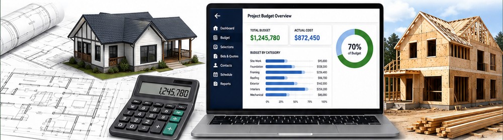 Blueprints, model home, calculator, budget laptop dashboard, and framed new home construction site