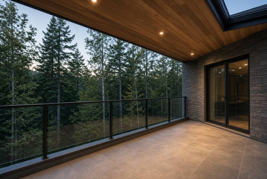 Covered balcony with tile floor and glass railing