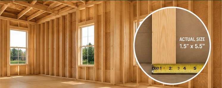 Interior room framed with 2x6 wall studs and a circular inset showing actual lumber size of 1.5 inches by 5.5 inches.