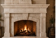 Limestone fireplace surround and mantel with wood fire.