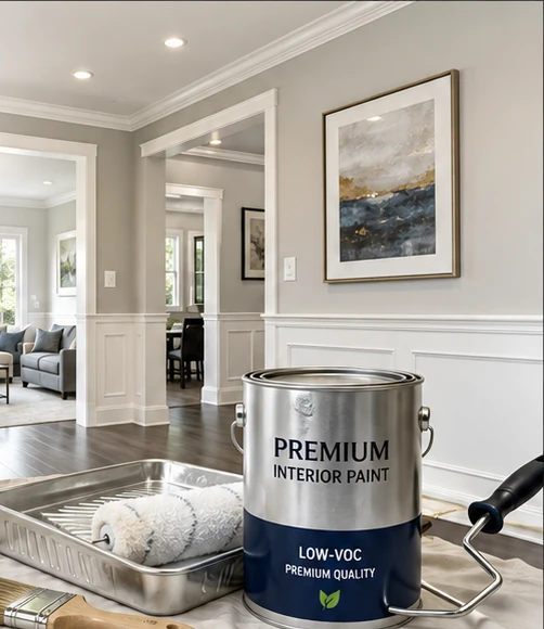 Premium interior painting scene with a paint can, tray, roller, brush, wainscoting, and a polished living room.