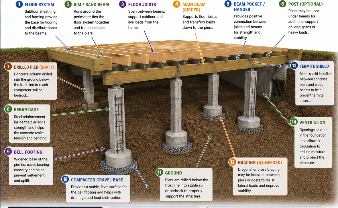 Cutaway diagram of a drilled pier pier-and-beam foundation showing floor system, rim beam, floor joists, main girder, beam hangers, optional posts, drilled piers, rebar cages, bell footings, compacted gravel base, ground, bracing, termite shield, and ventilation.