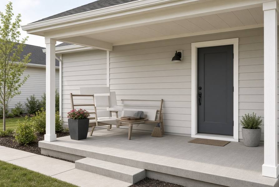 Simple covered porch with white posts and a concrete floor