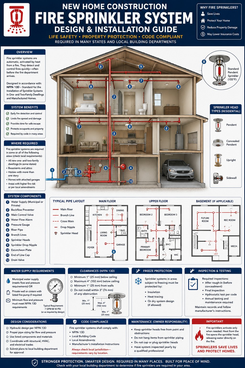 Full fire sprinkler system design and installation guide infographic showing a cutaway home, pipe layout diagrams, sprinkler head types, water supply requirements, clearances, freeze protection, inspection and testing, code compliance, and maintenance responsibilities