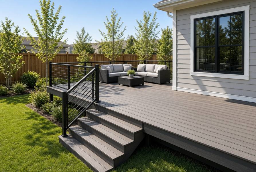 Composite deck with black metal railing