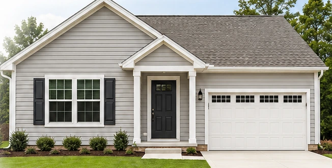 Budget-conscious new home exterior with neutral siding, basic trim paint, black shutters, and simple painted front door.