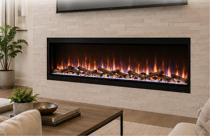 Modern recessed zero-clearance electric fireplace installed below a television with realistic flames and driftwood logs.