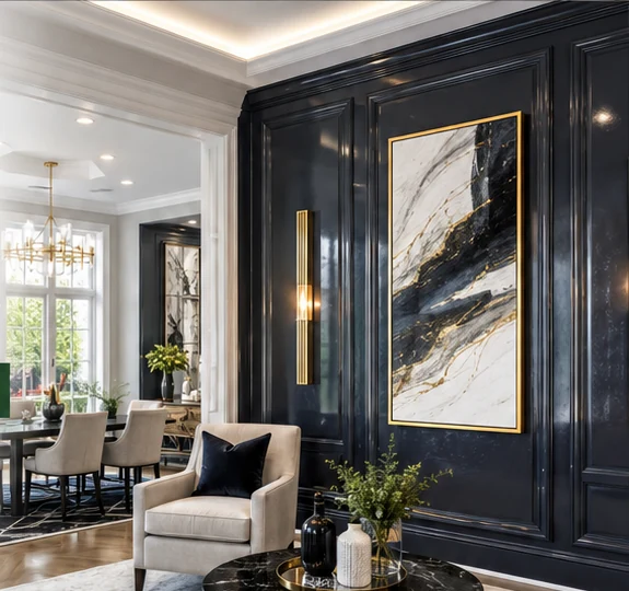 Luxury interior with dark lacquered feature wall, marble artwork, designer lighting, and custom painted trim.