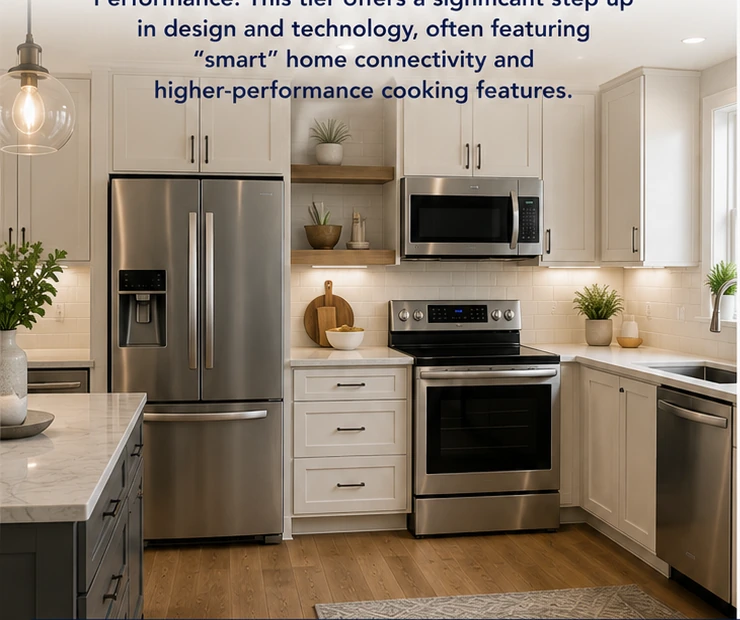 Modern new-construction kitchen with counter-depth French-door refrigerator, slide-in range, over-the-range microwave, dishwasher, island, white cabinets, and stainless steel finishes.