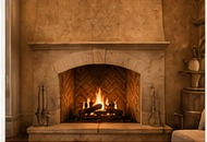 Tuscan plaster fireplace finish with warm handcrafted texture.
