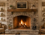 Finished masonry fireplace design with mantel, shelving, and stone surround.