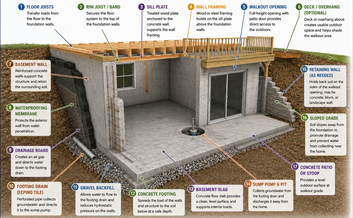 Labeled cutaway diagram of a walkout basement foundation showing floor joists, rim joist, sill plate, wall framing, walkout opening, basement wall, waterproofing membrane, drainage board, footing drain, gravel backfill, concrete footing, basement slab, sump pump, retaining wall, sloped grade, and patio or stoop.