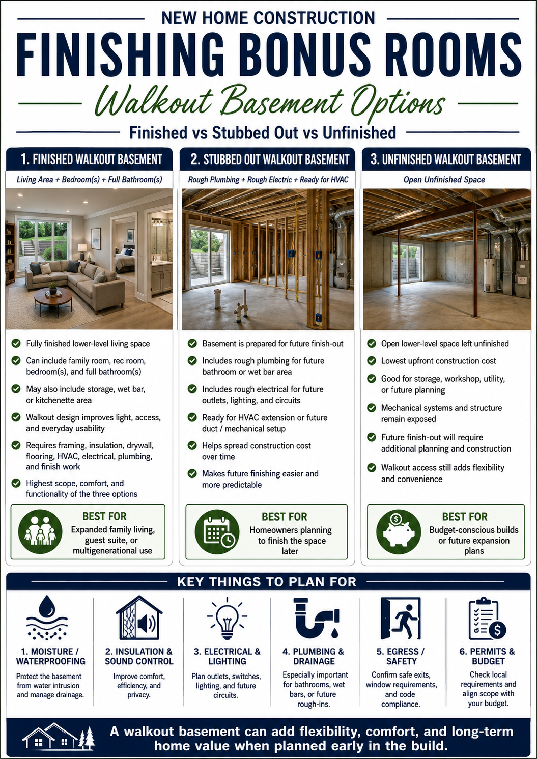New home construction walkout basement options infographic comparing finished, stubbed out, and unfinished walkout basement options.