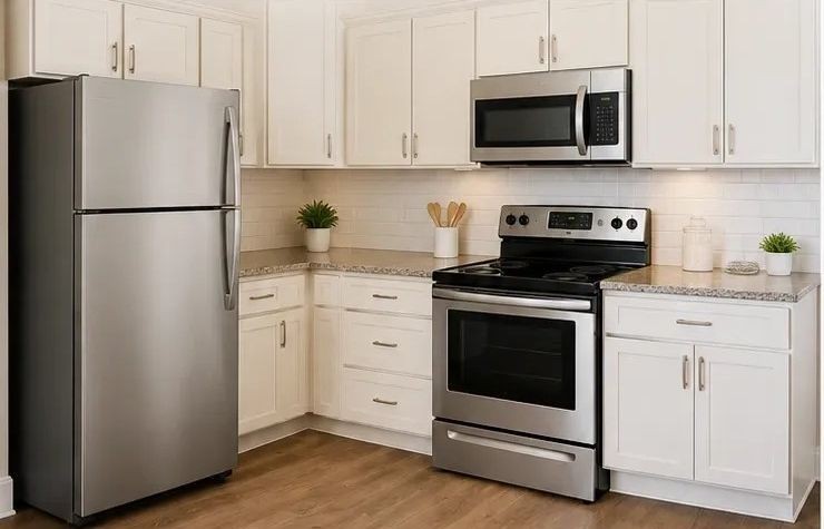 White new-construction kitchen with stainless steel top-freezer refrigerator, freestanding range, microwave, shaker cabinets, and wood-look flooring.