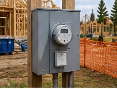 Temporary electric meter and service panel at a residential construction site