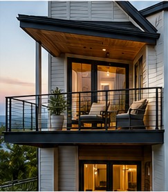 Modern new home balcony with outdoor seating, black guardrails and covered soffit