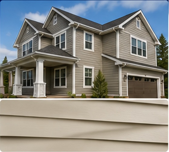 Vinyl siding option showing a home with beige siding and a horizontal vinyl siding texture sample.
