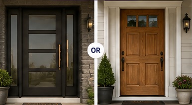Best package front entry door choices showing a modern black aluminum entry door and a basic natural wood entry door.