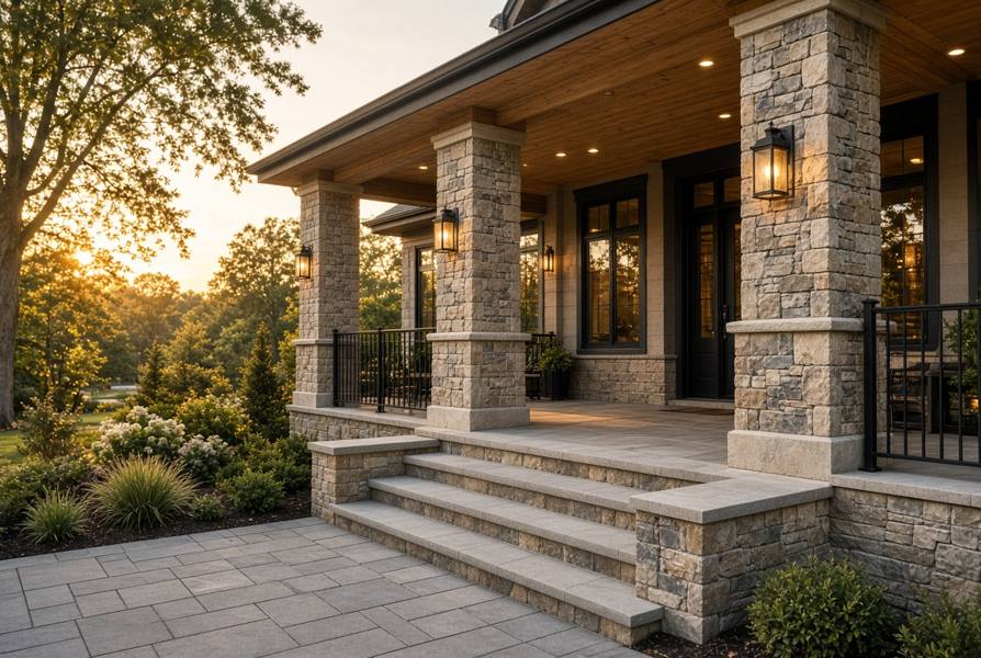 Covered porch with stone columns, wood ceiling, and paver floor